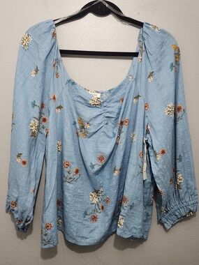 a.n.a Light Blue Floral Peasant Blouse
